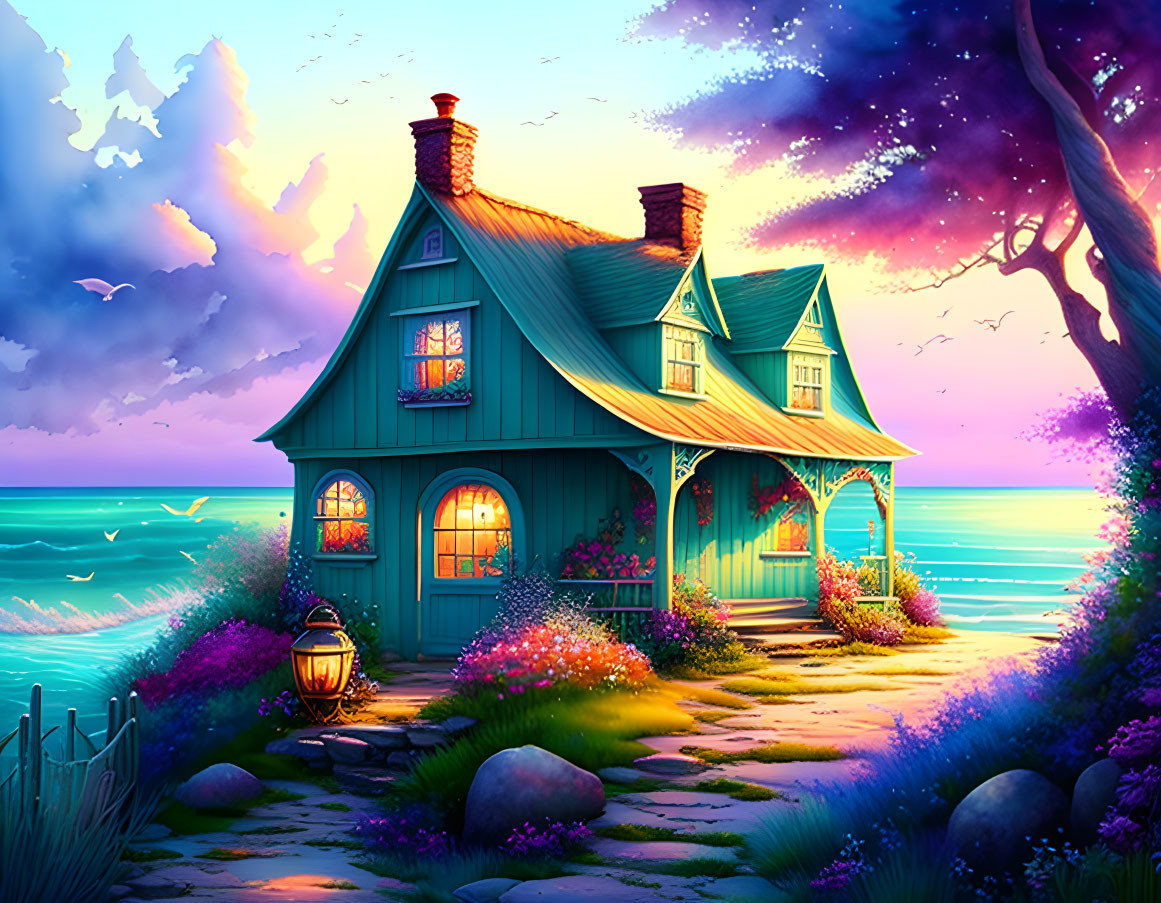 Blue Cottage by Serene Sea: Dusk Scene with Flowers & Starry Sky
