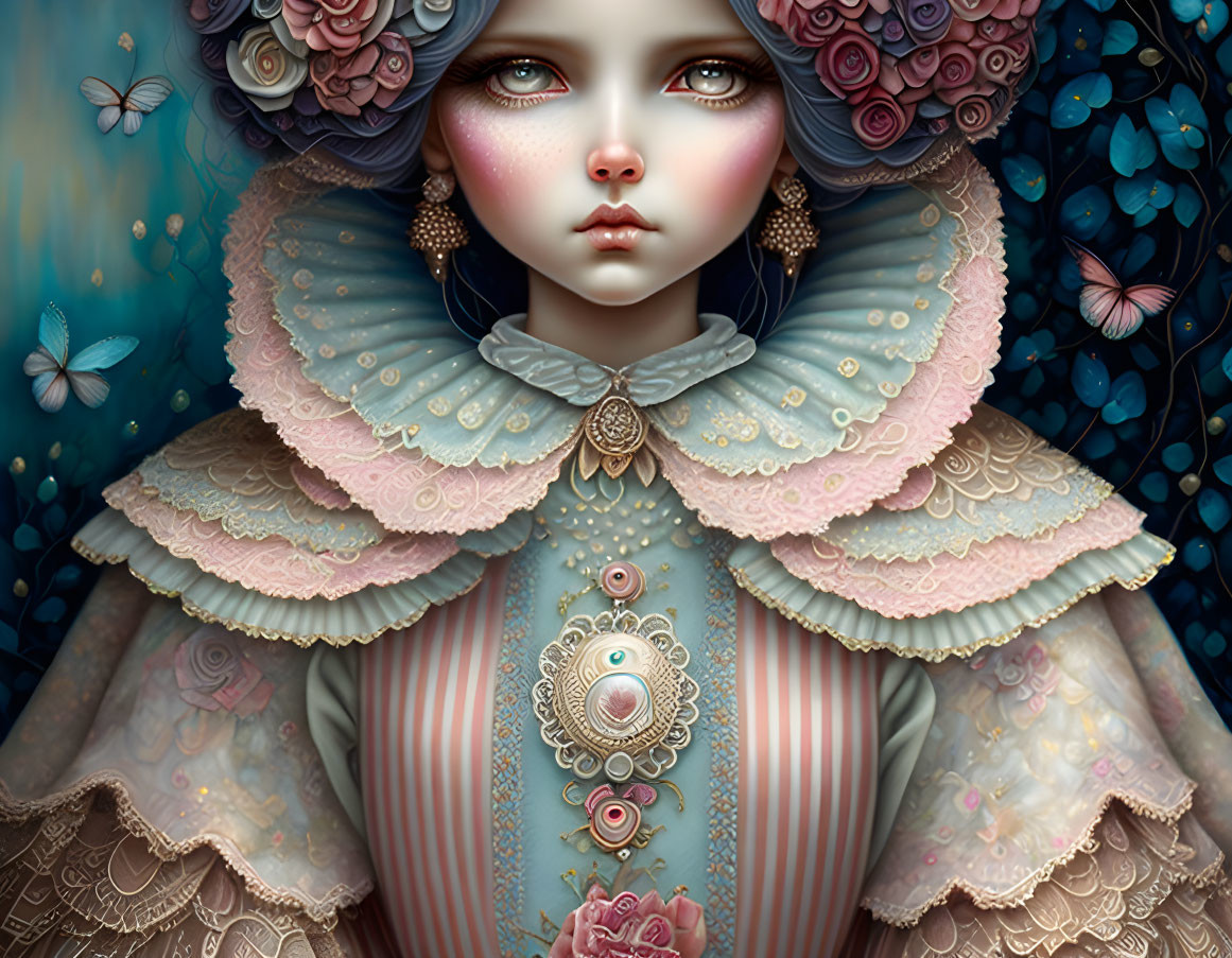 Detailed Illustration: Girl with Large Eyes, Butterflies, Vintage Dress, Floral Patterns, Rose Head