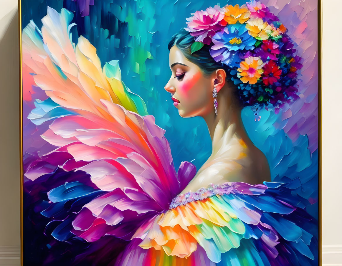 Colorful portrait of woman in floral headpiece and feathered dress on textured blue backdrop