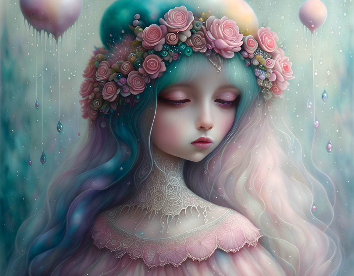 Fantasy illustration of girl with pastel hair and floral crown surrounded by glowing orbs and jewels.