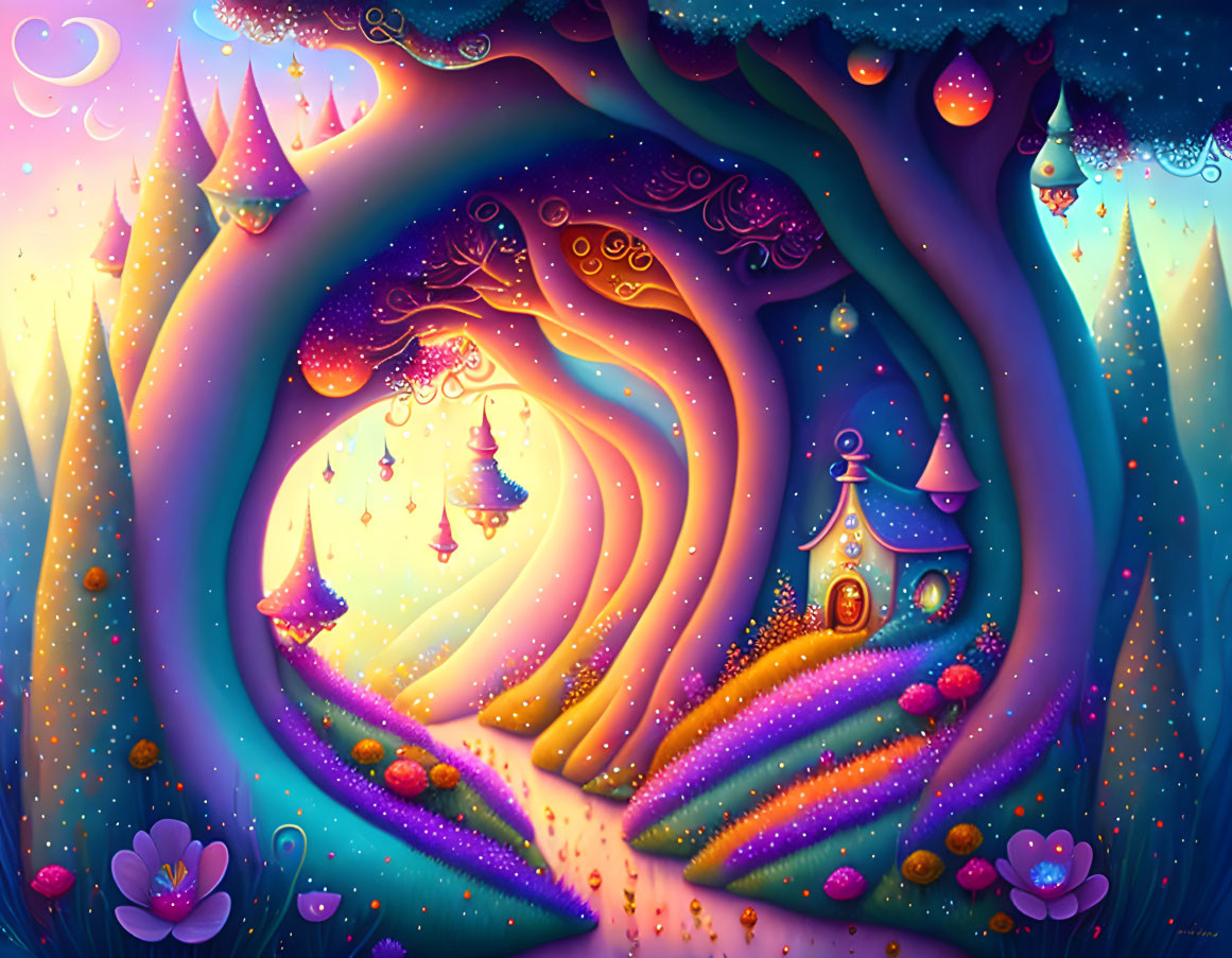 Colorful Landscape with Whimsical Trees and Mushroom Houses at Twilight