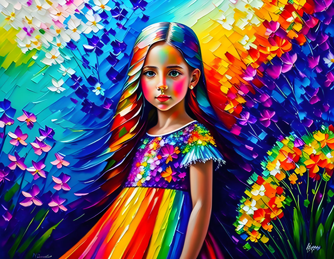 Vibrant portrait of young girl surrounded by colorful flowers