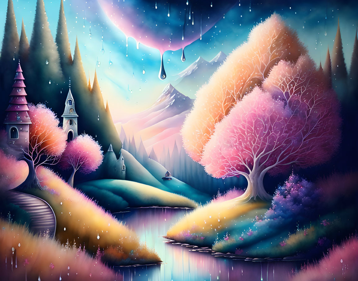 Pink Trees and Serene Lake in Whimsical Landscape with Starry Sky