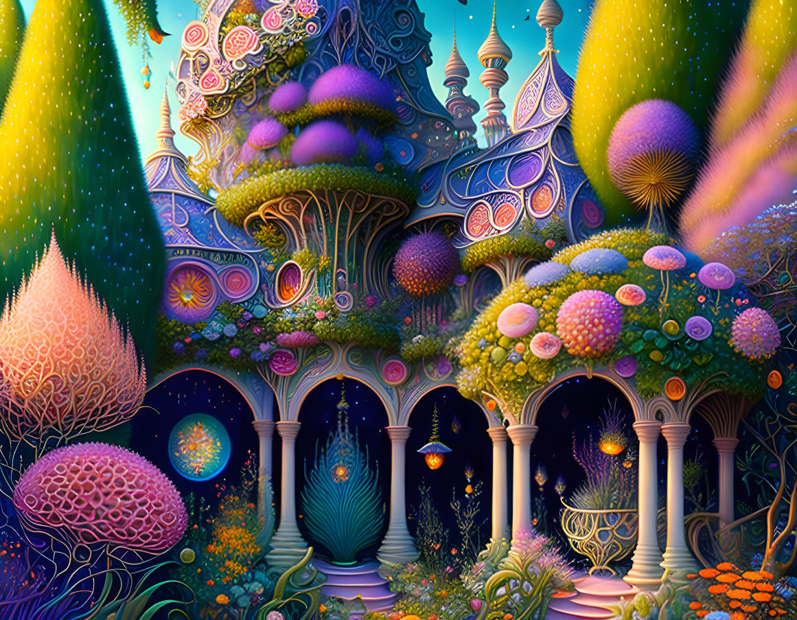 Fantastical landscape with luminescent flora and ornate palace
