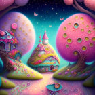 Colorful Glowing Trees and Castle in Whimsical Fantasy Landscape