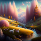Surreal landscape with oversized trees, white stag, river, mountains, and two moons