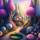 Fantasy landscape with mushroom houses, fluffy creatures, pond, and flowers at twilight