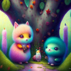 Stylized fluffy animals under vibrant magical tree with luminous butterflies