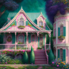 Whimsical illustration of Victorian-style houses with pink façades and lush greenery