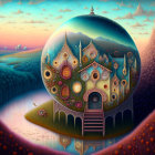 Whimsical spherical structure with intricate designs in vibrant landscape