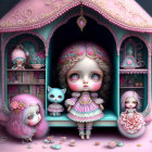 Illustration of a girl with dolls and a cat in a whimsical dollhouse setting with butterflies and