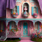 Detailed pink dollhouse illustration with floral adornments and doll face.