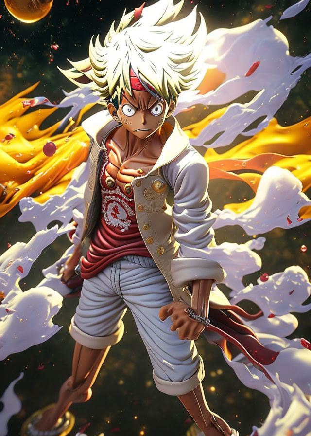 Spiky white-haired animated character in red shirt and beige jacket amid flames.