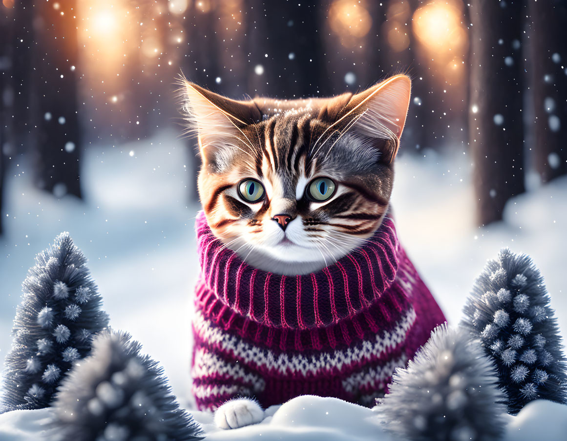 Cute Cat in Sweater in Winter Forst