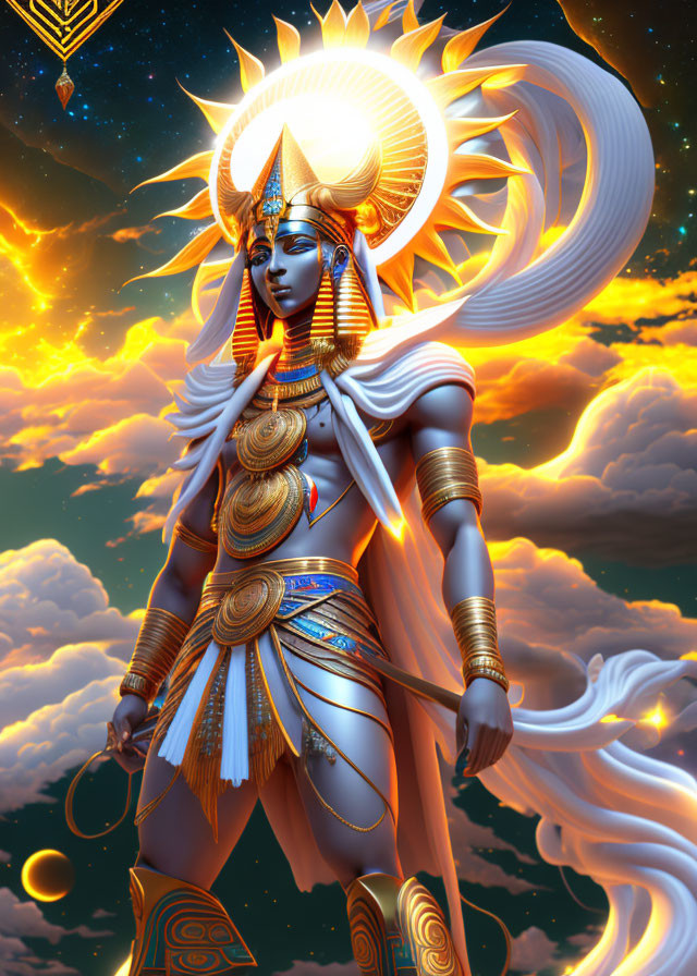 Mythological figure with blue skin and golden armor in sunset sky