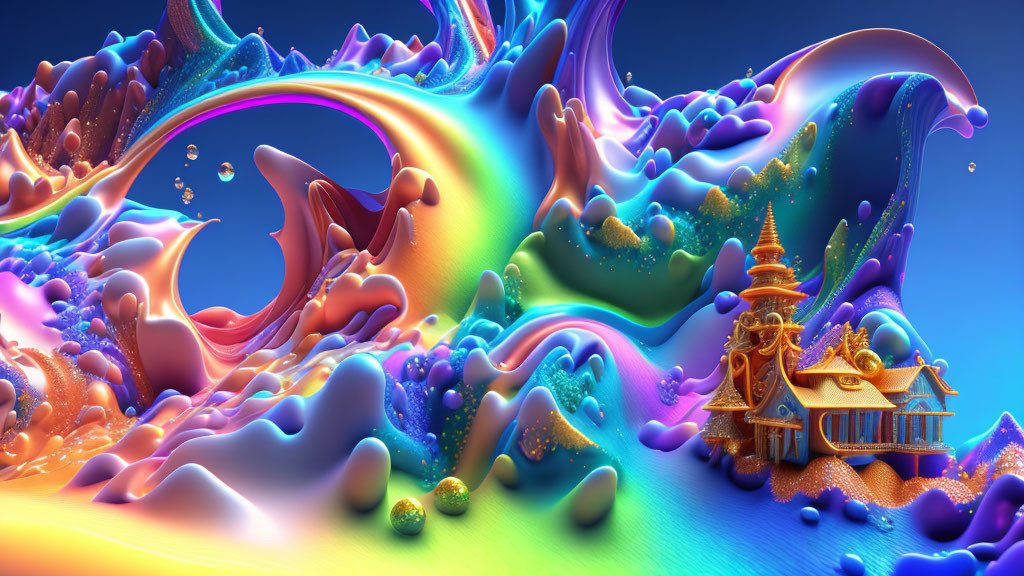 Colorful surreal landscape with rainbow structures and floating spheres.