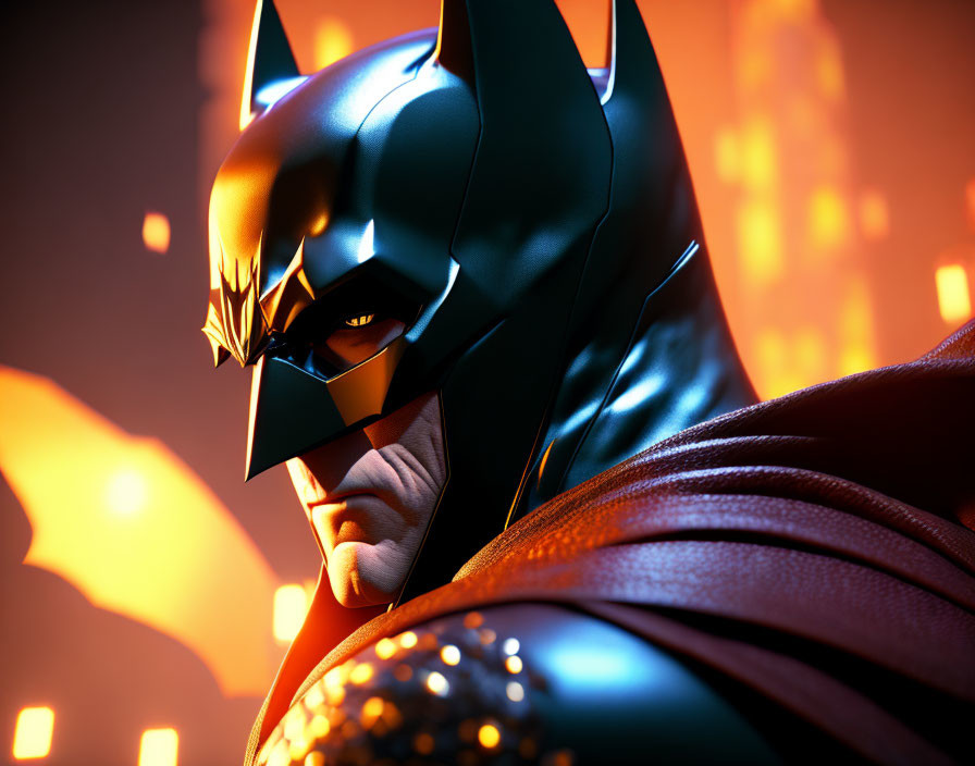 Stylized 3D Batman Close-Up in Fiery Backlit Scene