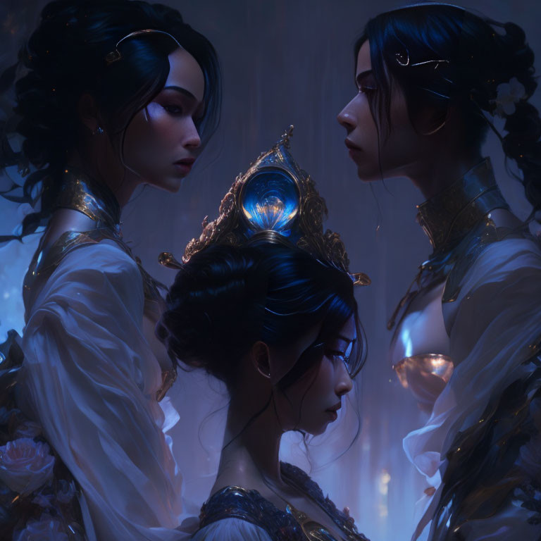 Three regal women in ornate dresses and crowns under mystical blue glow