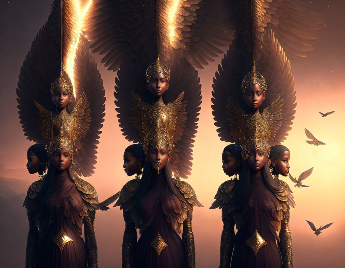 Five identical figures with ornate gold wings and headdresses in a row against a dusky sky