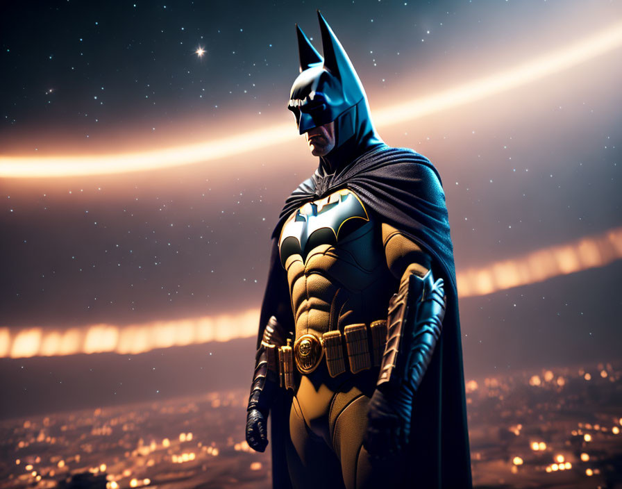 Person in Batman costume against city skyline at night with orange horizon and star