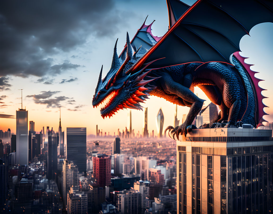 A Evil Dark Dragon Over the a Big City