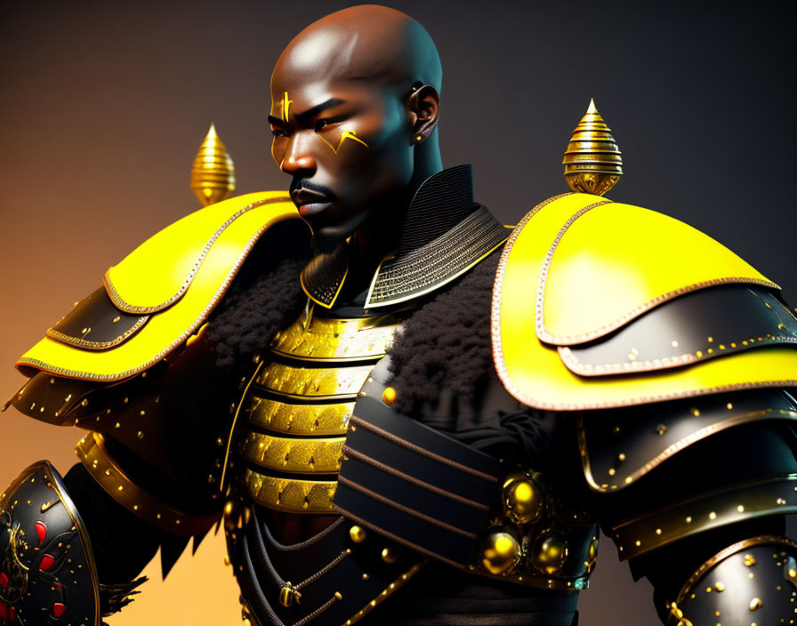 African warrior digital art: bald, stern expression, yellow and black armor, golden accents, star