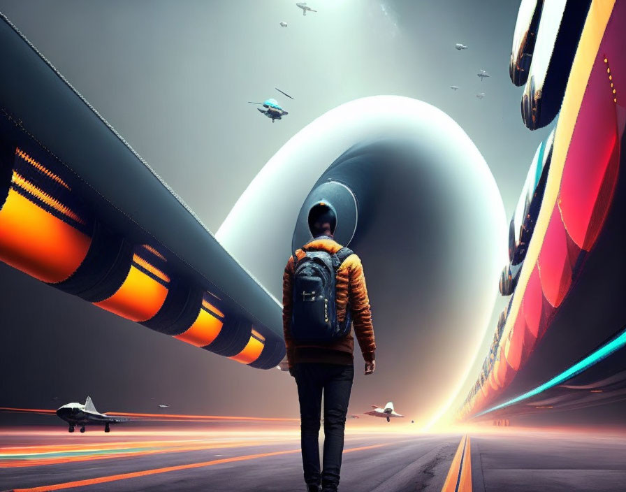 Astronaut in helmet on futuristic runway with spaceships and neon lights