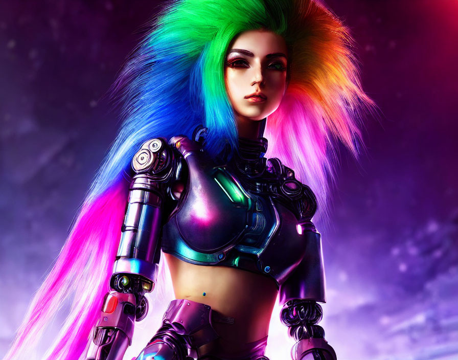 Female cyborg with multicolored hair in futuristic armor on cosmic purple background
