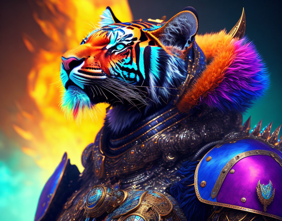 Colorful digital artwork featuring a tiger in armor with fiery mane