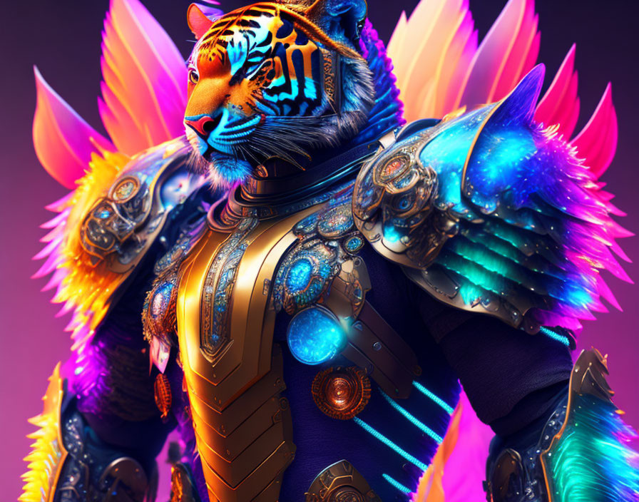 Colorful Tiger-Headed Warrior in Ornate Armor Artwork