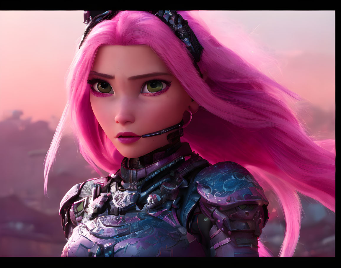 Digital artwork featuring character with pink hair, green eyes, futuristic armor, and headset.