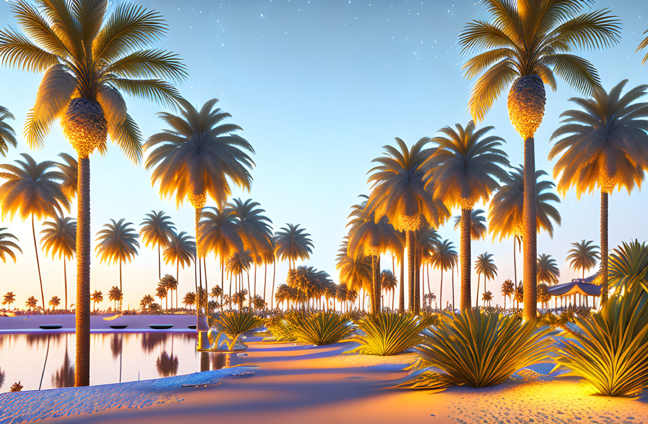 Twilight tropical beach with palm trees, stars, reflecting water, and sandy shore