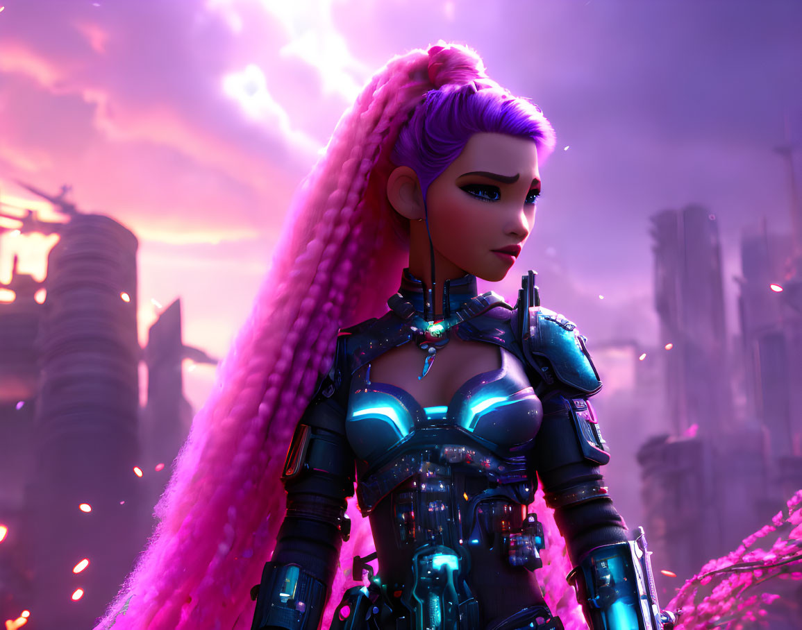 Digital Artwork: Female Character with Pink Braided Hair in Futuristic Armor in Neon-lit D