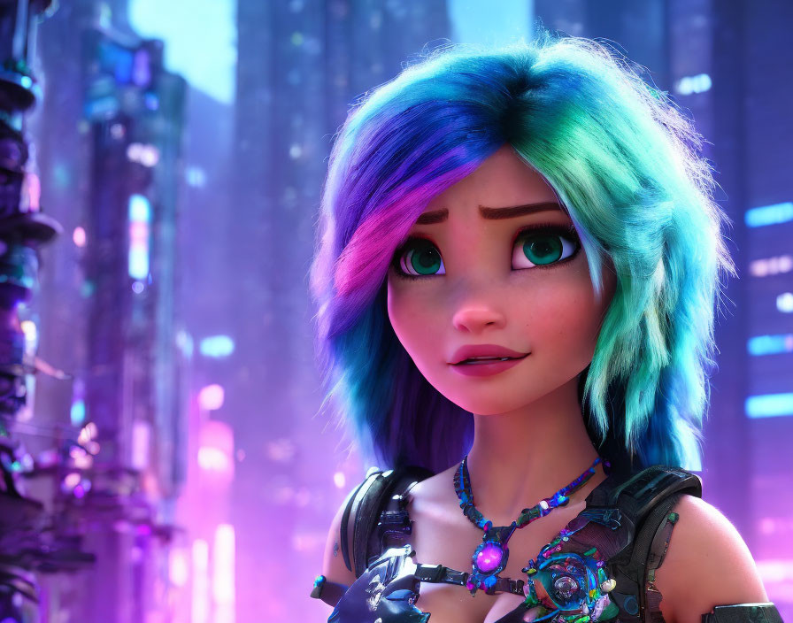 Animated young girl with blue and green hair in neon-lit cityscape.