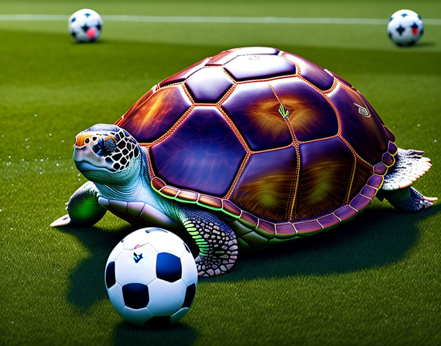 Colorful animated tortoise with soccer ball shell on soccer field.