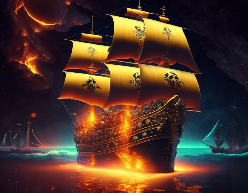 Golden-lit pirate ship on red ocean with fiery accents and starry sky