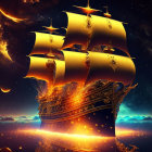 Golden-lit pirate ship on red ocean with fiery accents and starry sky