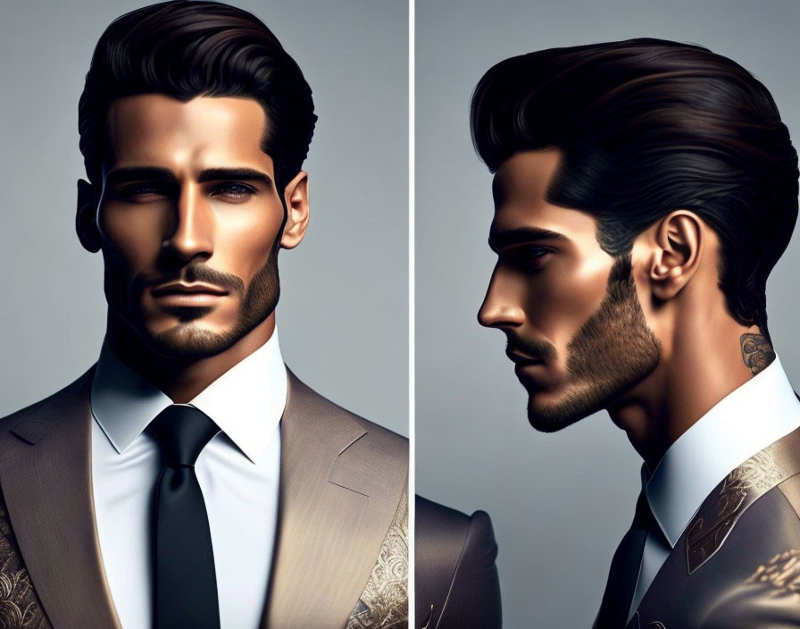 Stylish man with beard and slicked back hair in suit, featuring front and side profile views