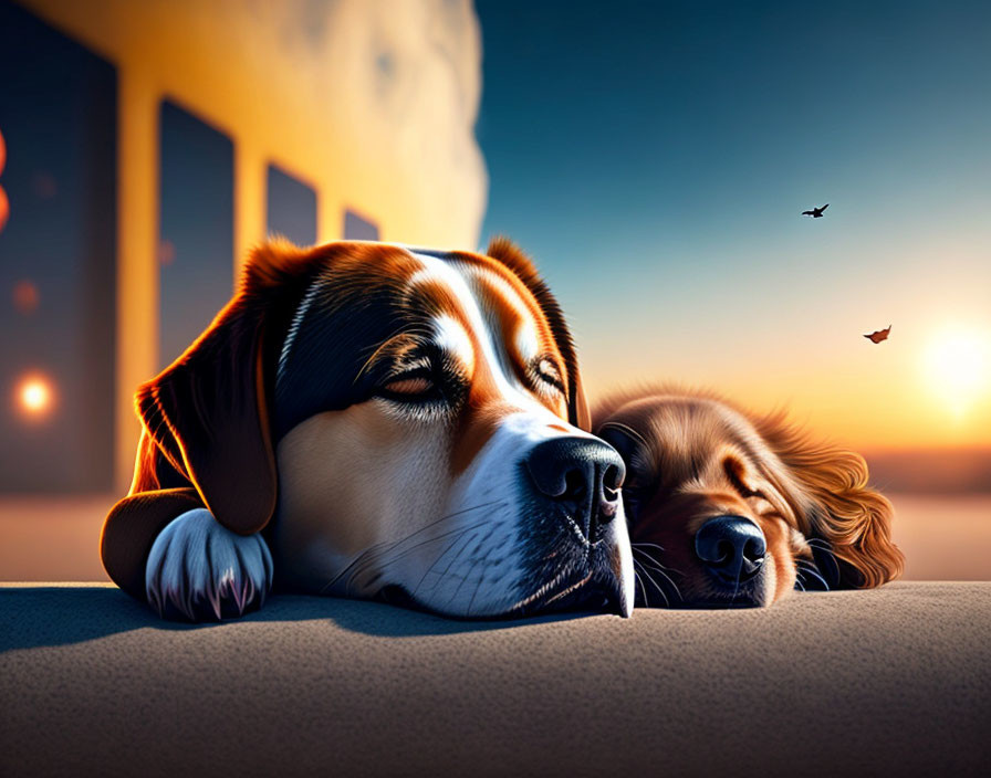 Two dogs relaxing under sunset sky with birds in the distance
