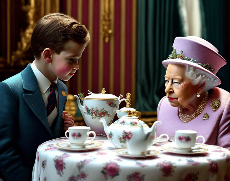 Young boy in suit gazes at teapot, woman in purple outfit watches.