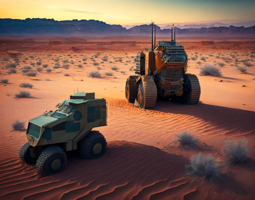 Rugged rover and large treaded vehicle on desert landscape