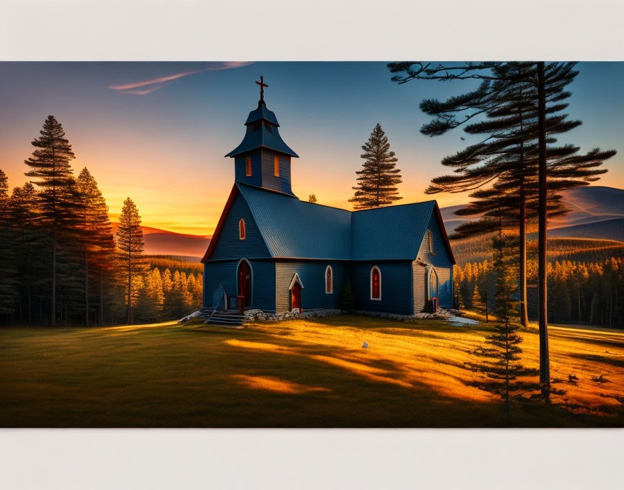 Tranquil blue church in warm sunlight among trees