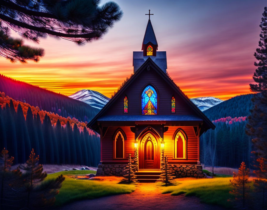 Chapel with illuminated stained glass windows in serene forest