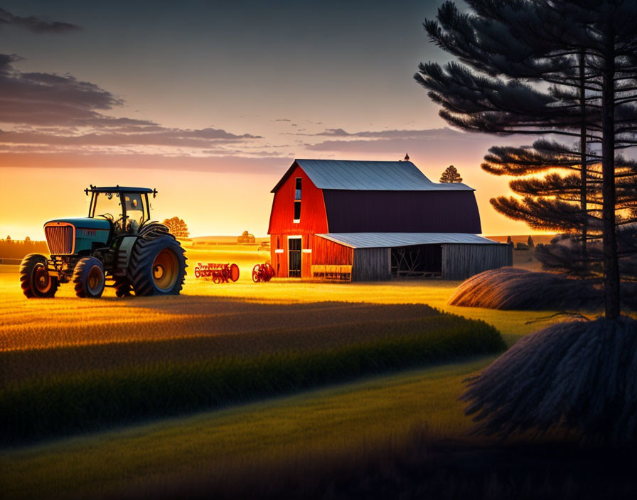 Tractor with attachment near red barn and silo at sunset