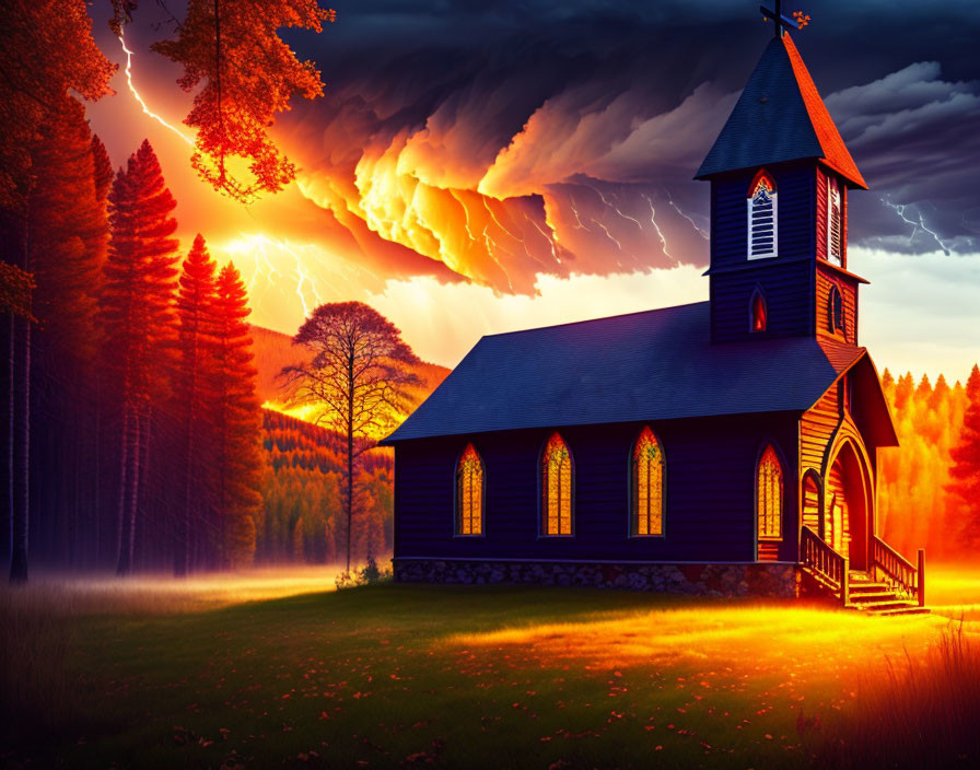 Church with stained glass windows under fiery sunset and stormy sky.