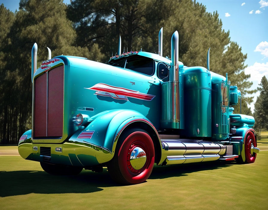 Vintage turquoise and chrome semi-truck in grassy field with pine trees and blue sky