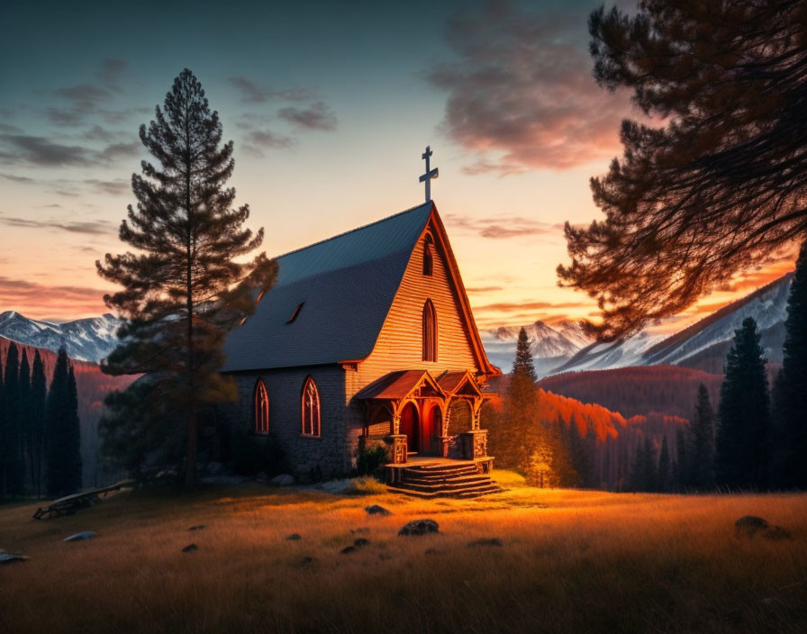 Serene forest church with glowing cross at dawn