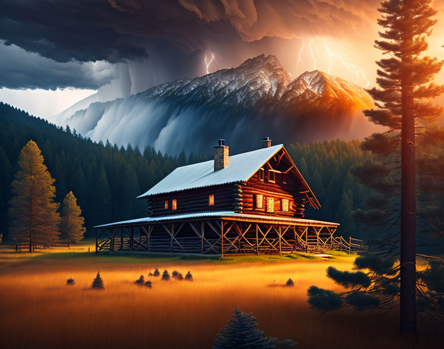 Rustic log cabin in serene meadow with dramatic thunderstorms and lightning