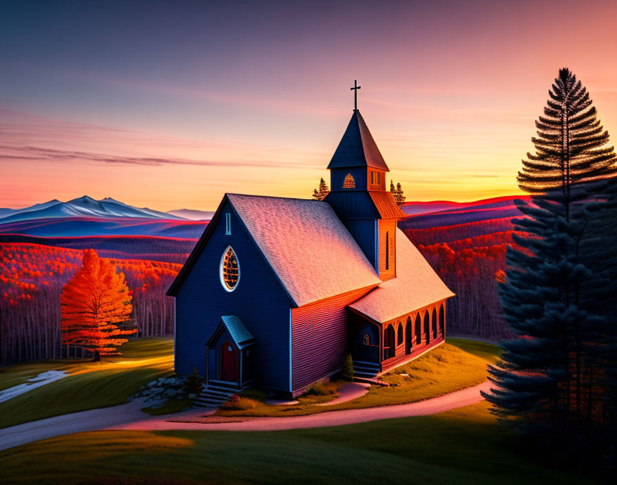 Quaint church with blue roof in scenic sunset landscape