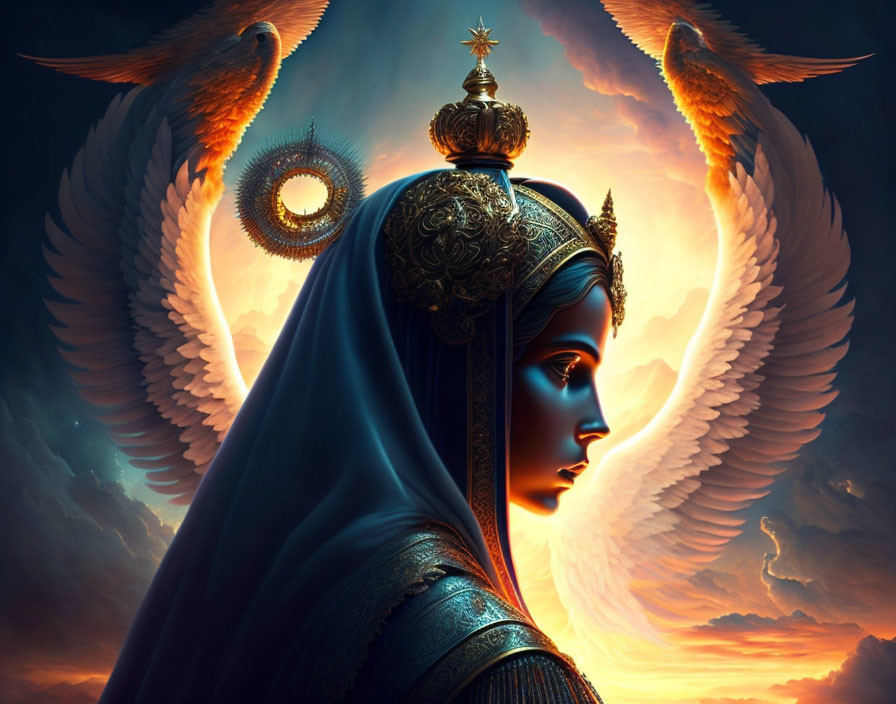 Regal woman with halo and phoenixes in twilight sky